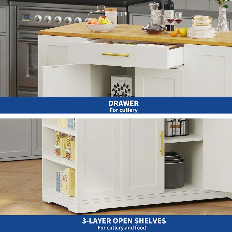 53-inch Rolling Kitchen Island Storage Cabinet Portable Mobile Kitchen Cart