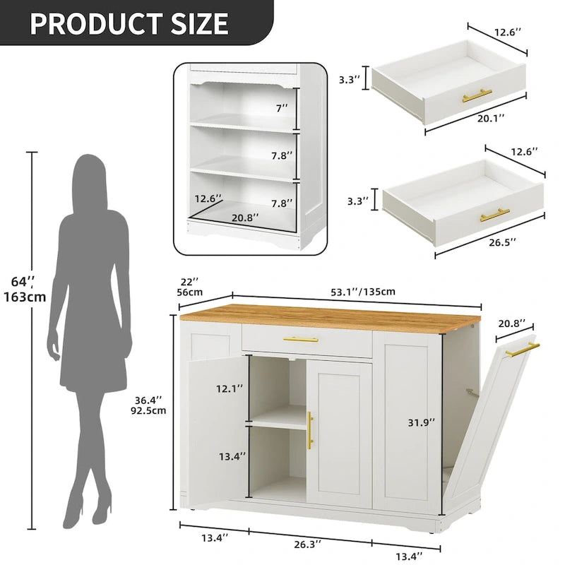 53-inch Rolling Kitchen Island Storage Cabinet Portable Mobile Kitchen Cart