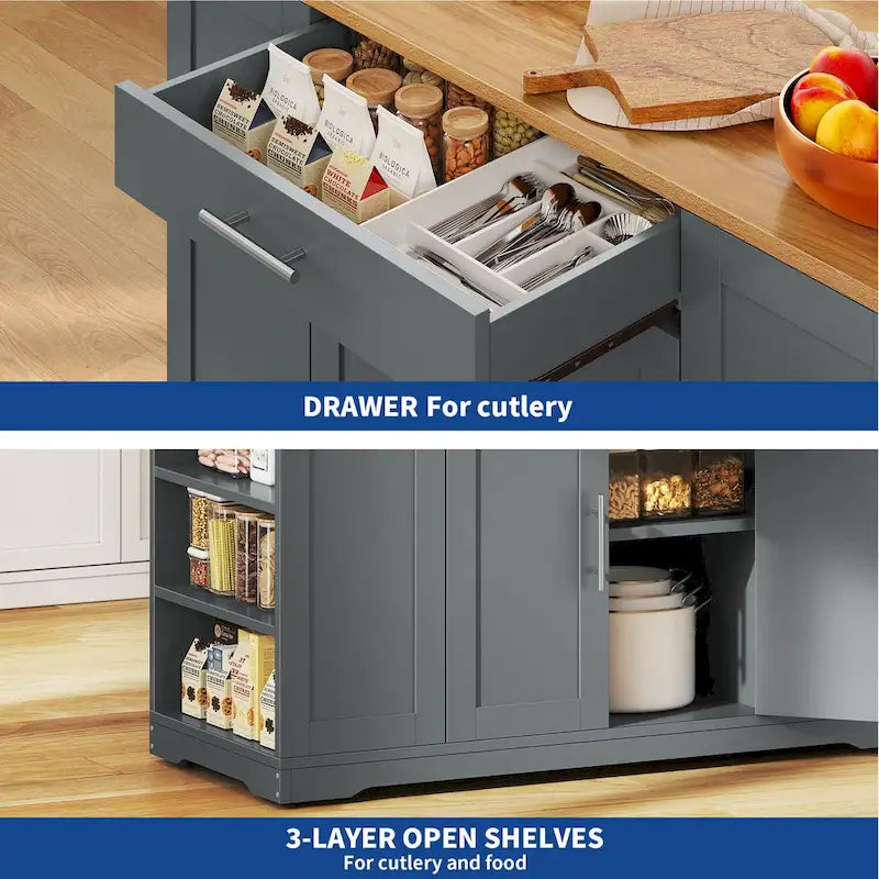 53-inch Rolling Kitchen Island Storage Cabinet Portable Mobile Kitchen Cart