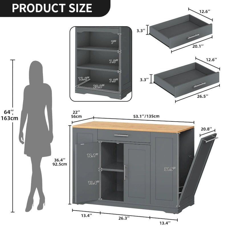53-inch Rolling Kitchen Island Storage Cabinet Portable Mobile Kitchen Cart