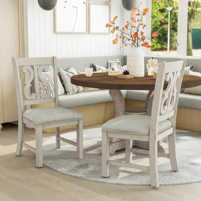 Farmhouse Wood Dining Chairs with Padded Seats - Set of 2 (White/Blue/Light Blue)