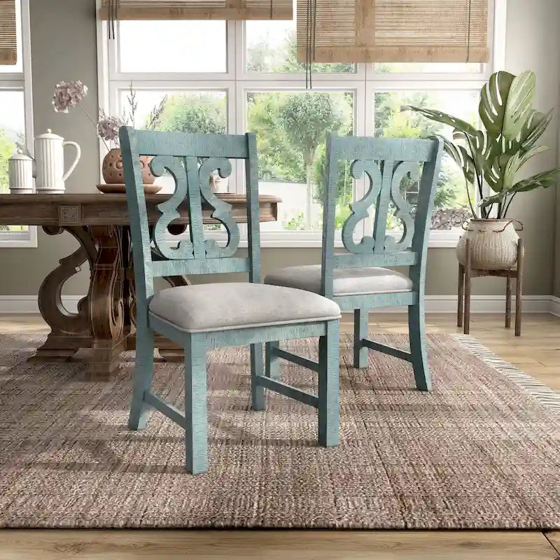 Farmhouse Wood Dining Chairs with Padded Seats - Set of 2 (White/Blue/Light Blue)