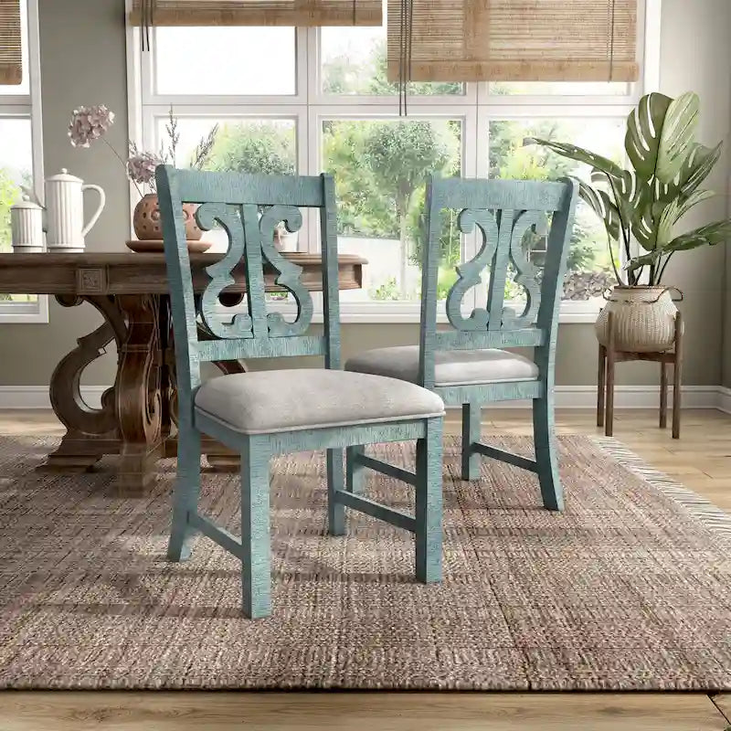 Farmhouse Wood Dining Chairs with Padded Seats - Set of 2 (White/Blue/Light Blue)