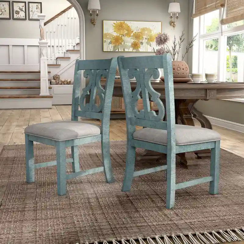 Farmhouse Wood Dining Chairs with Padded Seats - Set of 2 (White/Blue/Light Blue)