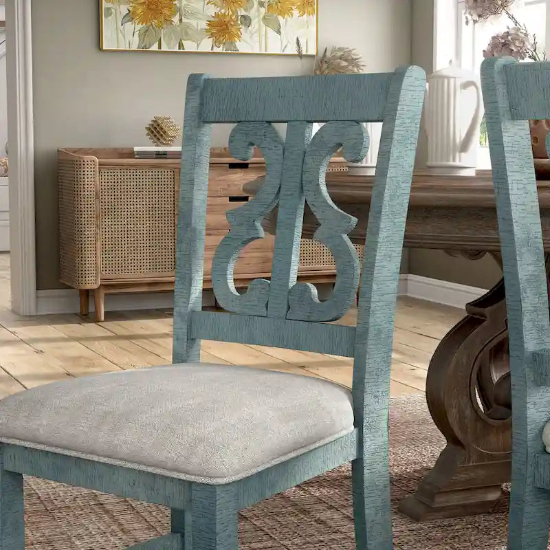 Farmhouse Wood Dining Chairs with Padded Seats - Set of 2 (White/Blue/Light Blue)