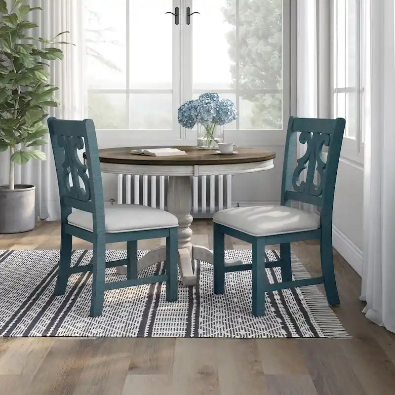 Farmhouse Wood Dining Chairs with Padded Seats - Set of 2 (White/Blue/Light Blue)
