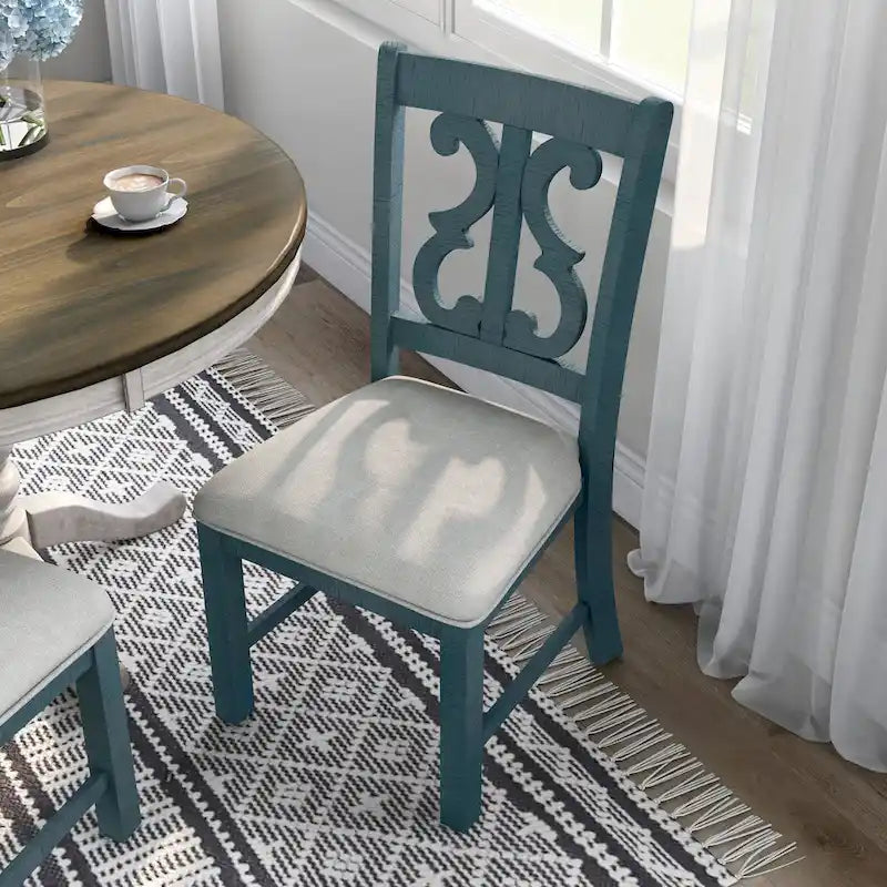 Farmhouse Wood Dining Chairs with Padded Seats - Set of 2 (White/Blue/Light Blue)