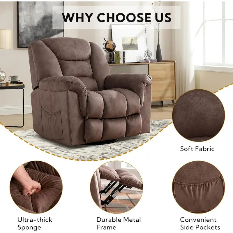 Rocker Recliner Chair Oversized Manual 360 Swivel Recliners for Living Room