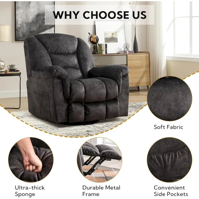 Rocker Recliner Chair Oversized Manual 360 Swivel Recliners for Living Room
