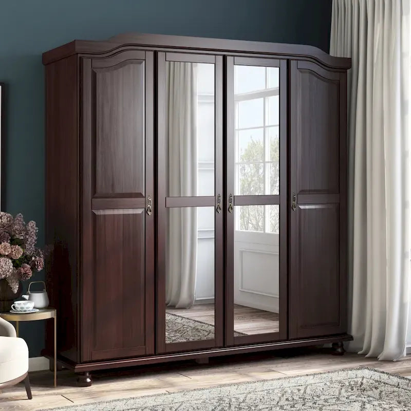 Solid Wood 4-Door Wardrobe with Mirror or Panel Doors