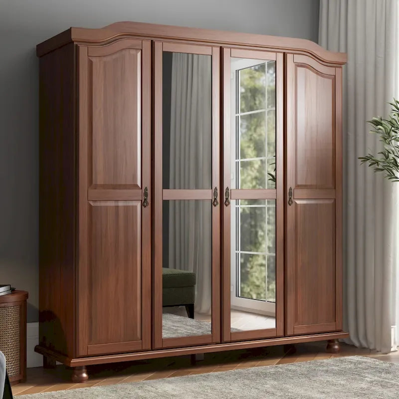 Solid Wood 4-Door Wardrobe with Mirror or Panel Doors