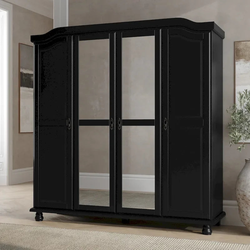 Solid Wood 4-Door Wardrobe with Mirror or Panel Doors