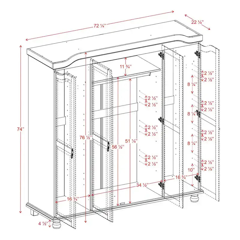 Solid Wood 4-Door Wardrobe with Mirror or Panel Doors