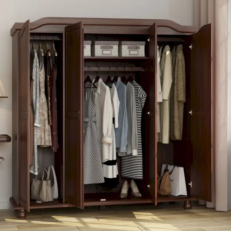 Solid Wood 4-Door Wardrobe with Mirror or Panel Doors