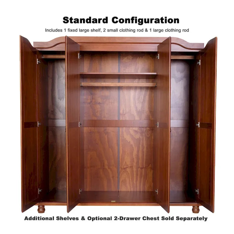 Solid Wood 4-Door Wardrobe with Mirror or Panel Doors