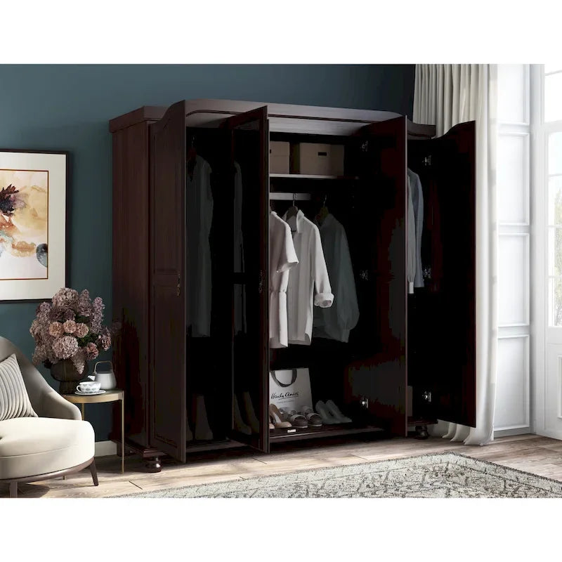 Solid Wood 4-Door Wardrobe with Mirror or Panel Doors