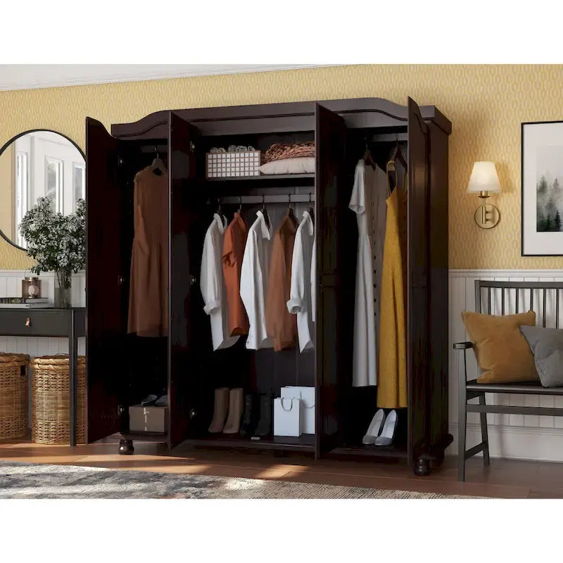 Solid Wood 4-Door Wardrobe with Mirror or Panel Doors