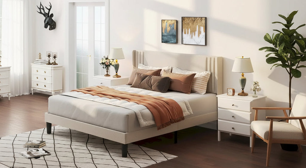 Queen/ Full Vertical Channels Upholstered Bed with Wingback Headboard