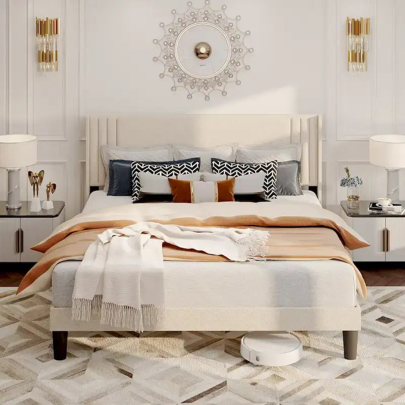 Queen/ Full Vertical Channels Upholstered Bed with Wingback Headboard