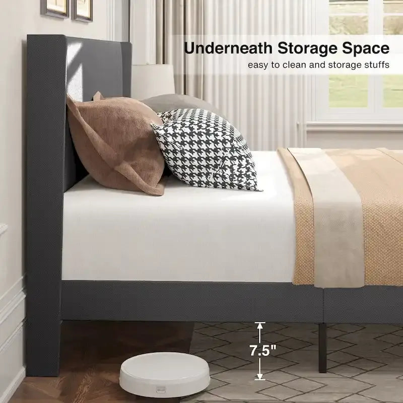 Queen/ Full Vertical Channels Upholstered Bed with Wingback Headboard