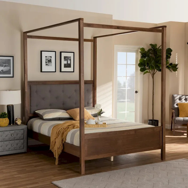 Modern and Contemporary Platform Canopy Bed-Grey/Walnut Brown