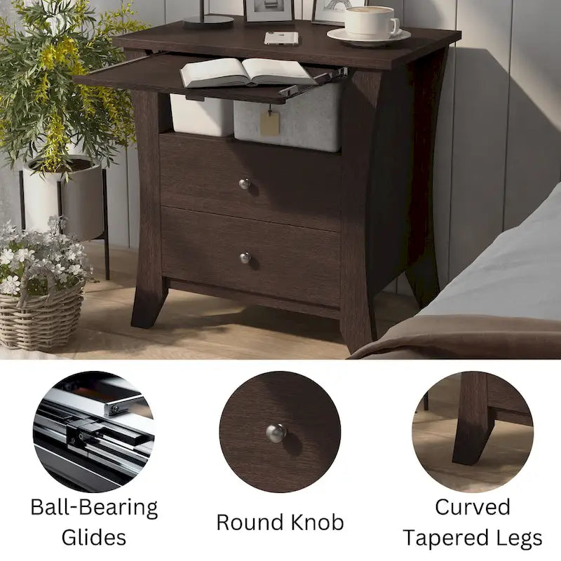 Transitional style wooden double drawer bedside table with shelf