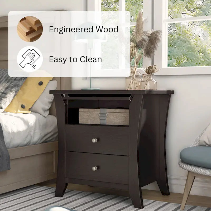 Transitional style wooden double drawer bedside table with shelf