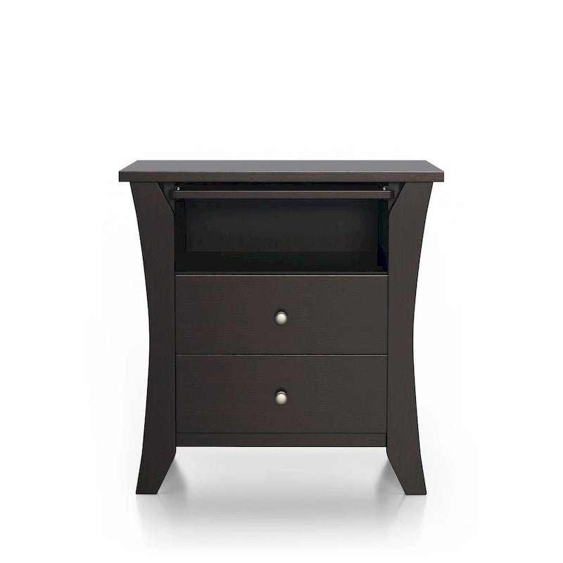 Transitional style wooden double drawer bedside table with shelf