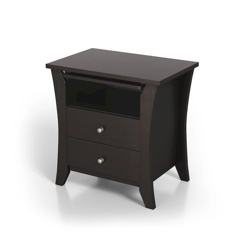 Transitional style wooden double drawer bedside table with shelf