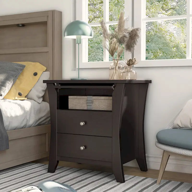 Transitional style wooden double drawer bedside table with shelf