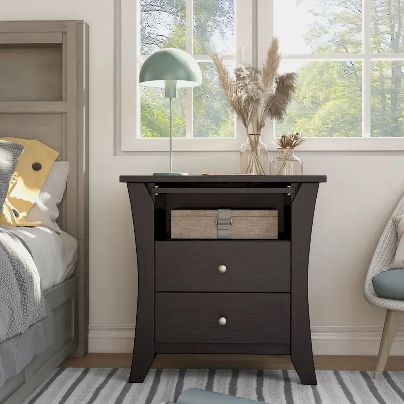 Transitional style wooden double drawer bedside table with shelf