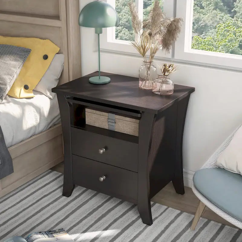 Transitional style wooden double drawer bedside table with shelf