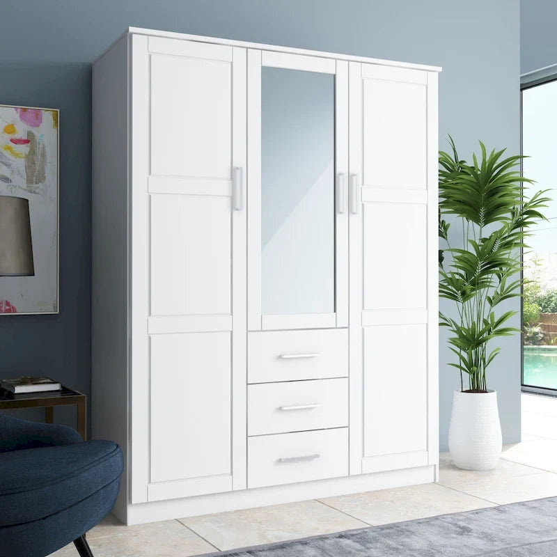 3-Door Solid Wood Wardrobe Armoire with Mirror or Panel Doors