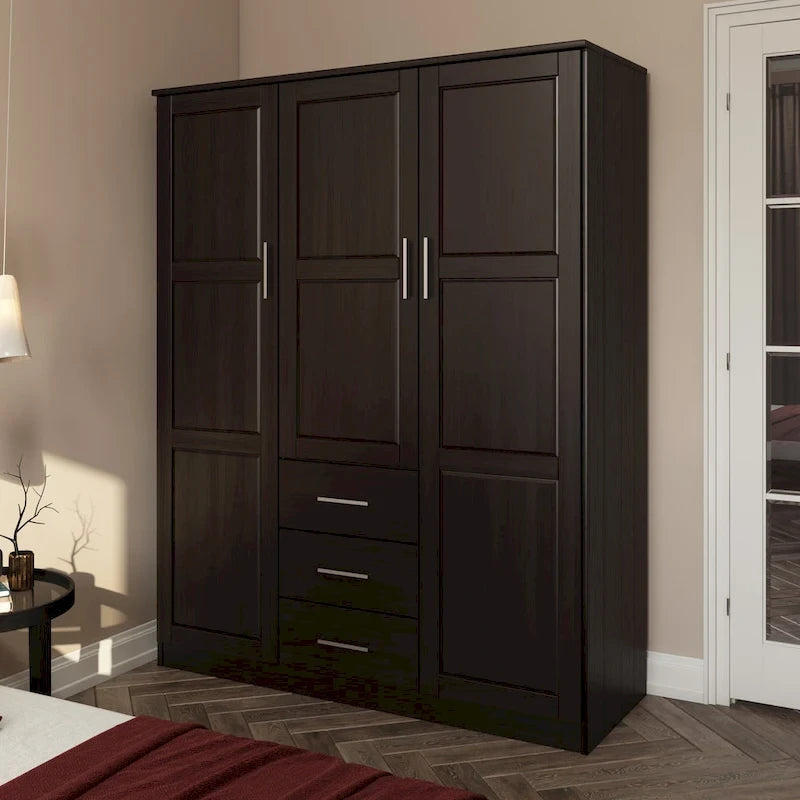 3-Door Solid Wood Wardrobe Armoire with Mirror or Panel Doors