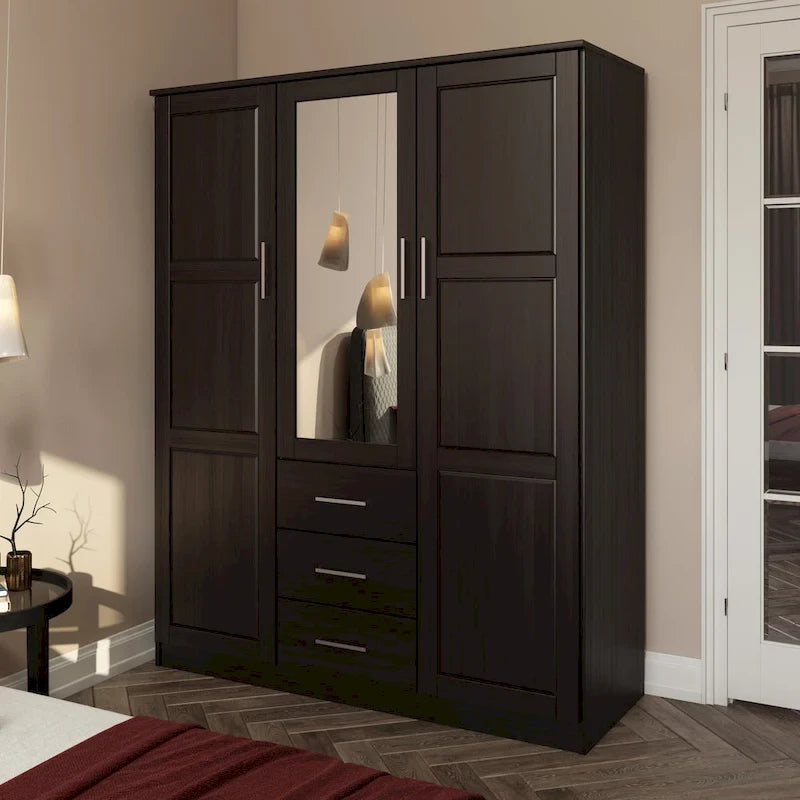 3-Door Solid Wood Wardrobe Armoire with Mirror or Panel Doors