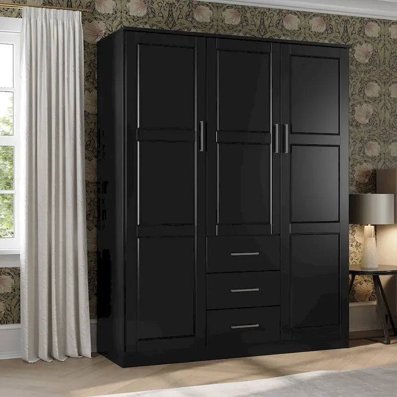 3-Door Solid Wood Wardrobe Armoire with Mirror or Panel Doors