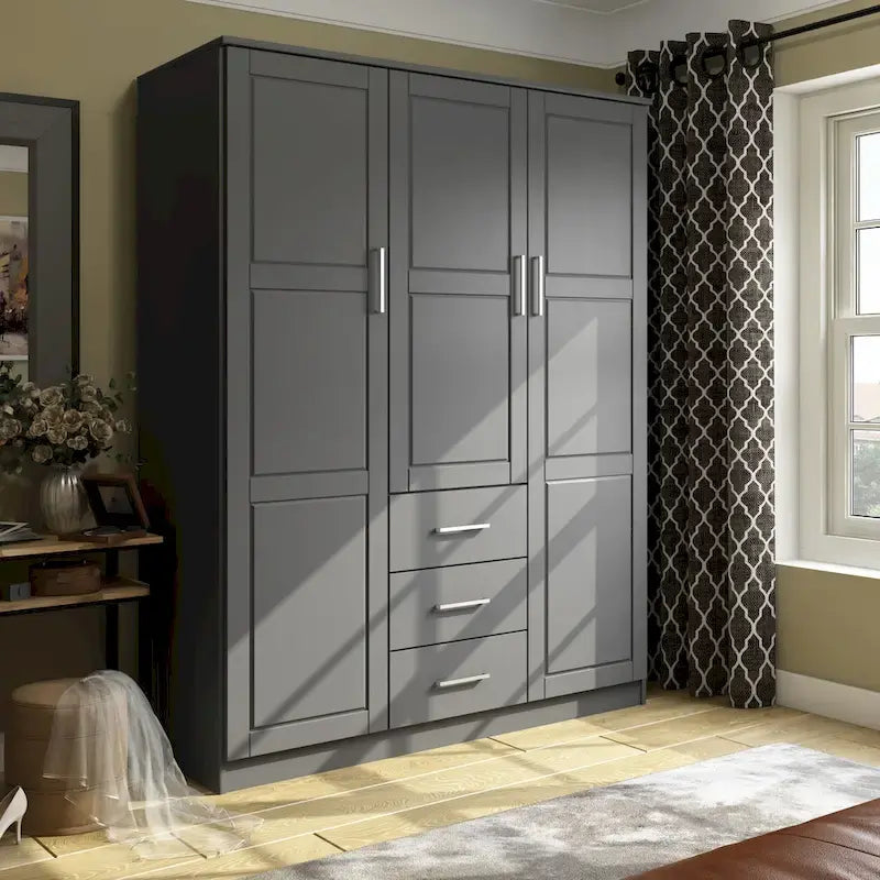 3-Door Solid Wood Wardrobe Armoire with Mirror or Panel Doors