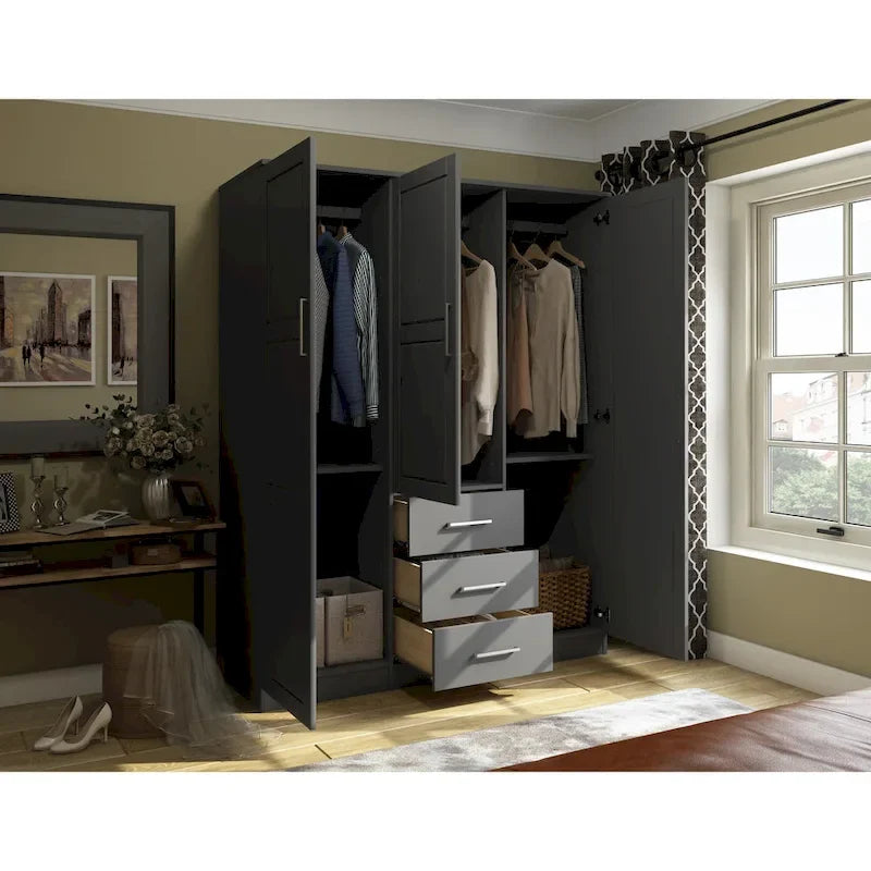 3-Door Solid Wood Wardrobe Armoire with Mirror or Panel Doors
