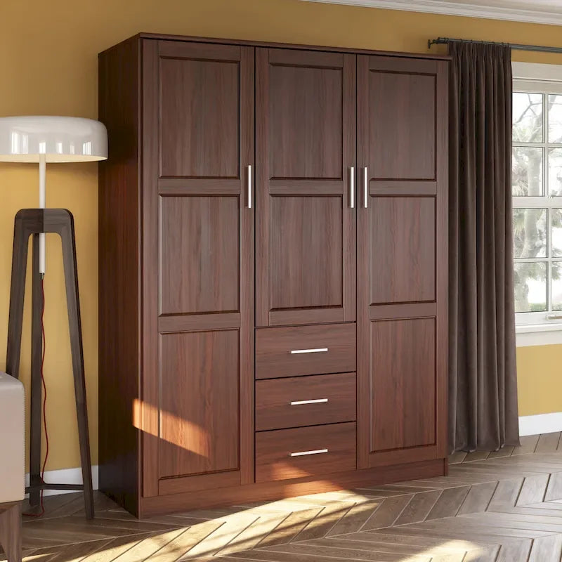 3-Door Solid Wood Wardrobe Armoire with Mirror or Panel Doors