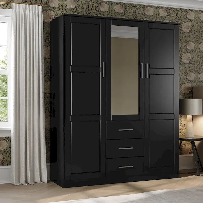3-Door Solid Wood Wardrobe Armoire with Mirror or Panel Doors