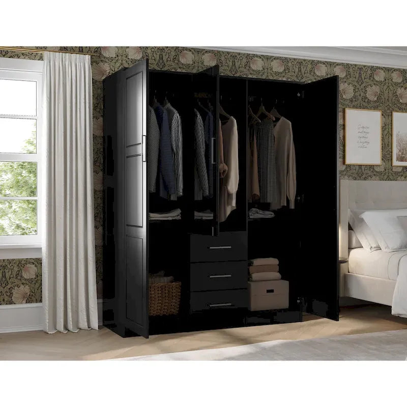3-Door Solid Wood Wardrobe Armoire with Mirror or Panel Doors