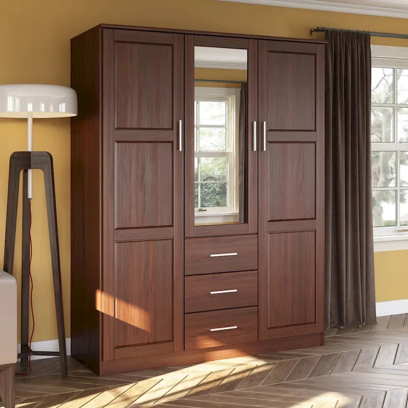 3-Door Solid Wood Wardrobe Armoire with Mirror or Panel Doors
