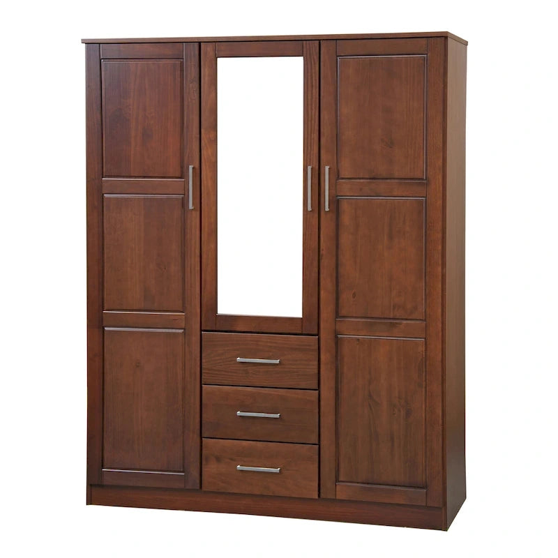 3-Door Solid Wood Wardrobe Armoire with Mirror or Panel Doors