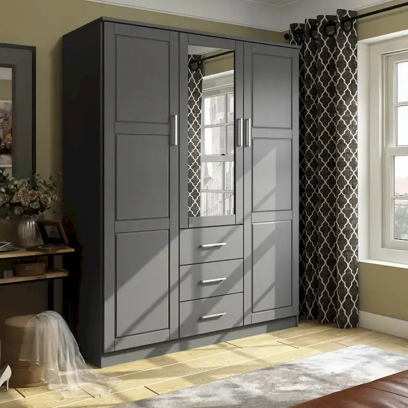 3-Door Solid Wood Wardrobe Armoire with Mirror or Panel Doors