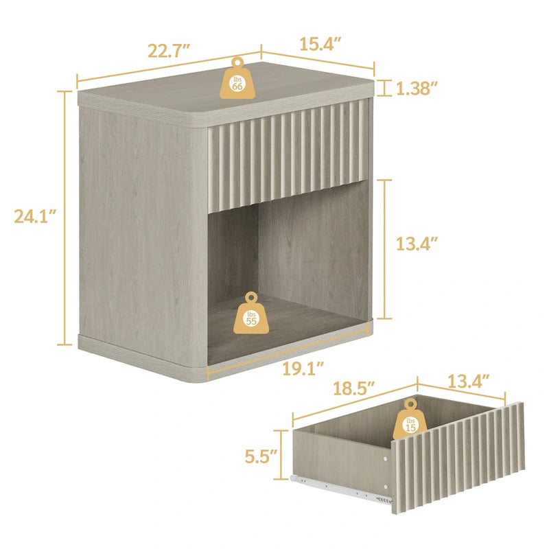 Set of 2 Nightstand with 1 Drawer and Open Storage