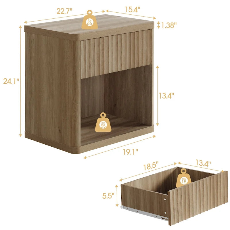 Set of 2 Nightstand with 1 Drawer and Open Storage
