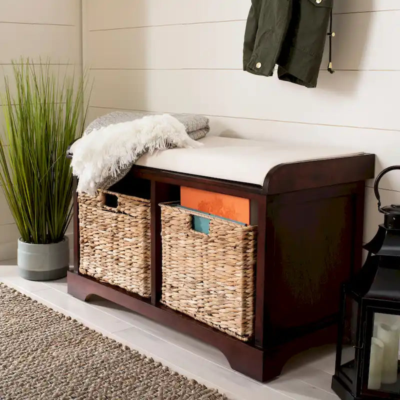 Brown Woven Storage Basket Bench - 33.5 x 16.1 x 19.9 - 34Wx16Dx20H