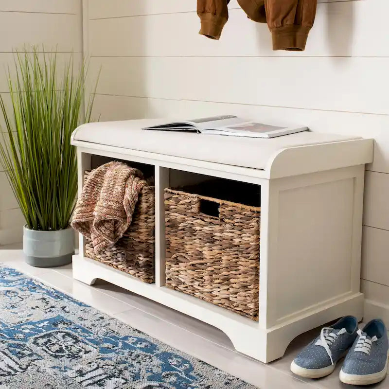 Brown Woven Storage Basket Bench - 33.5 x 16.1 x 19.9 - 34Wx16Dx20H