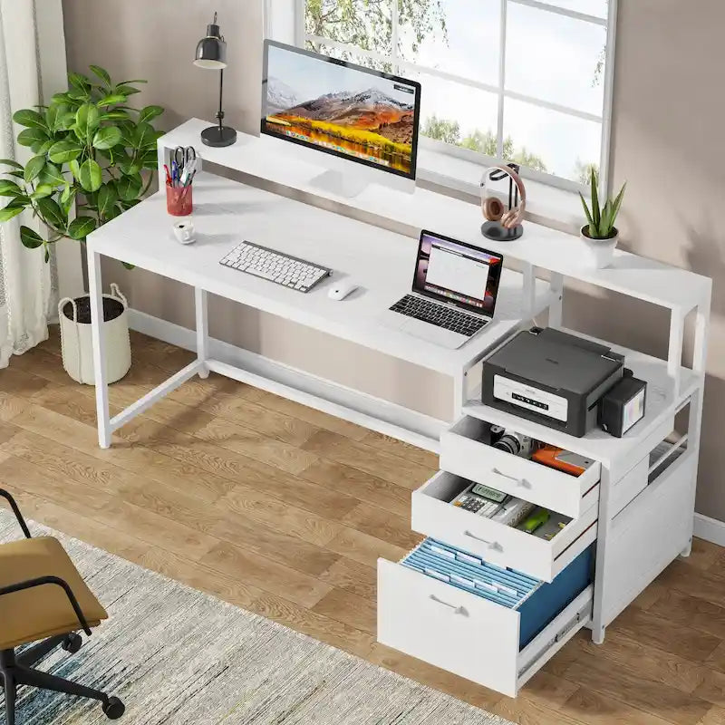 63 Computer Desk with Monitor Stand, Ergonomic Home Office Desks with Drawers File Cabinet