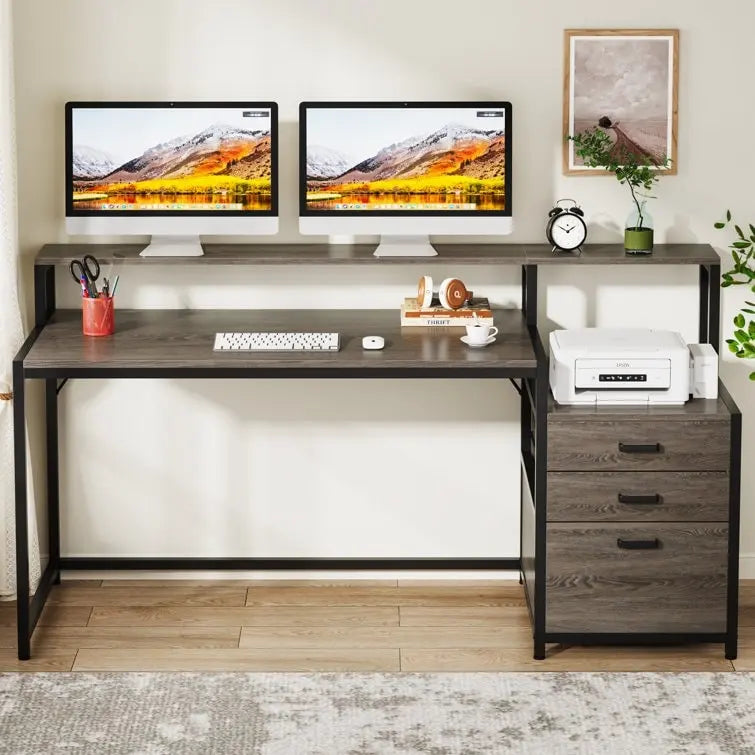 63 Computer Desk with Monitor Stand, Ergonomic Home Office Desks with Drawers File Cabinet